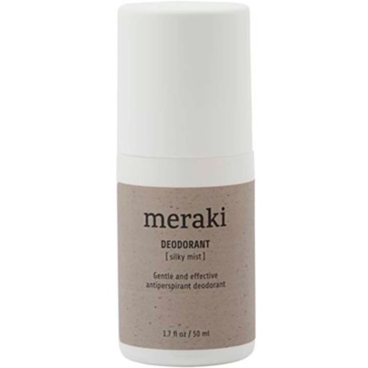 Meraki Silky Mist Deodorant 50 ml effektiv antiperspirant i hvit sylindrisk beholder med beige teksturert etikett