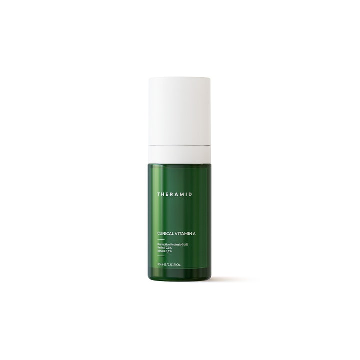 Theramid Clinical Vitamin A 30 ml anti-age serum med retinol i en stilren grønn flaske med hvit pumpekork