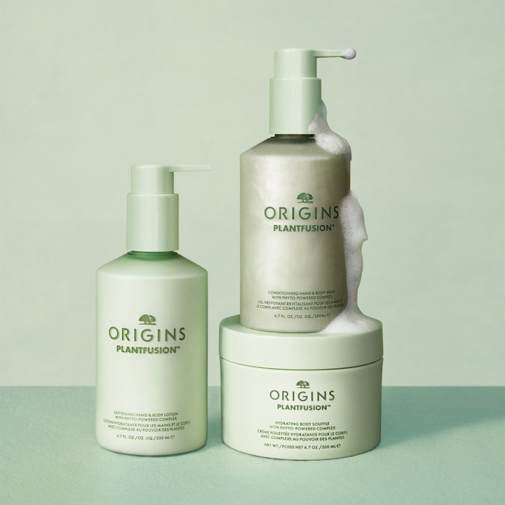 Origins Plantfusion Softening Hand & Body Lotion 200 ml mykgjørende kroppspleie i lysegrønne flasker med hvitt skum