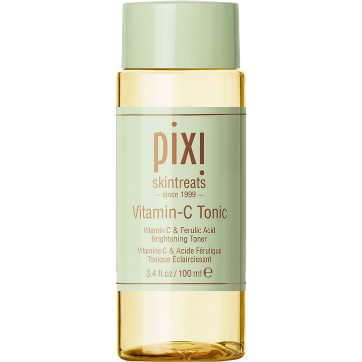 Pixi Vitamin C Tonic 100 ml toner som gir glød i en klar plastflaske med gul væske og lysegrønn etikett og kork