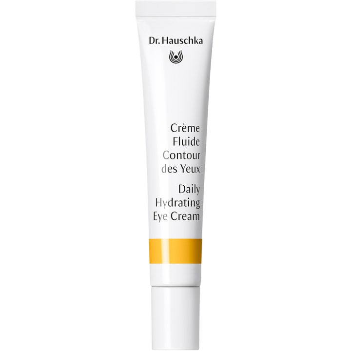 Dr. Hauschka Daily Hydrating Eye Cream 12,5 ml fuktighetsgivende øyekrem i hvit tube med gul stripe og hvit kork