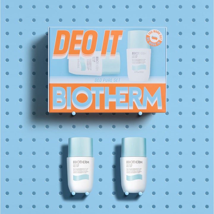 Biotherm Deo Pure Set 2x75 ml antiperspirant roll-on gir 48t beskyttelse i hvit og blå innpakning med fargerik eske.