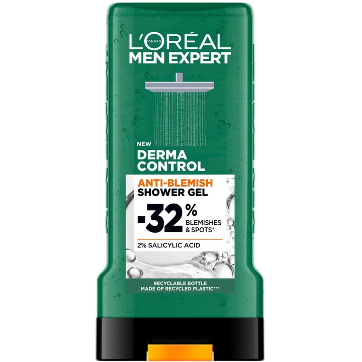 L'Oréal Men Expert Derma Control Anti-Blemish Shower Gel dusjgelé med salisylsyre i grønn plastflaske med sort kork