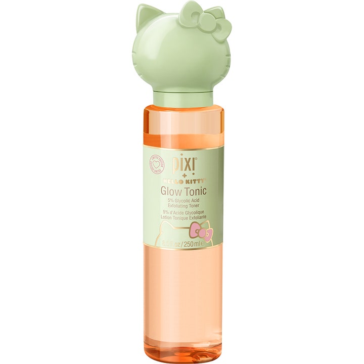 Pixi Hello Kitty Glow Tonic 250 ml eksfolierende ansiktsvann som gir glød i klar flaske med lysegrønt Hello Kitty-lokk