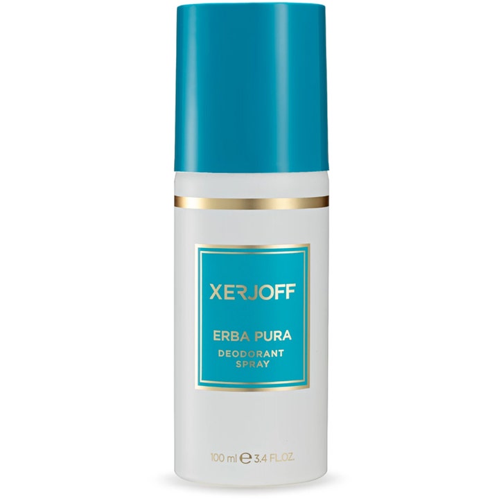 Xerjoff Erba Pura 100 ml deodorant spray gir en frisk duft i hvit flaske med turkis kork og gulldetaljer