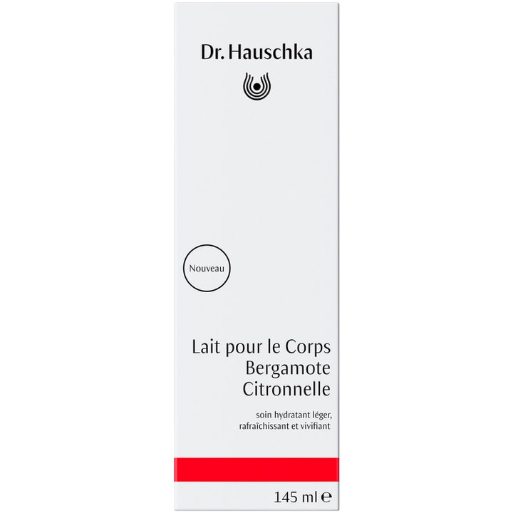 Dr. Hauschka Bergamotte Lemongrass Vitalising Body Milk 145 ml vitaliserende body lotion i hvit eske med rød detalj.