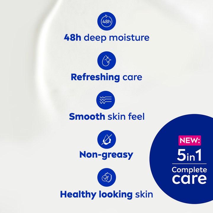 NIVEA Aloe & Hydration Body Lotion 250 ml fuktighetskrem med hvit tekstur og 5-i-1 fordeler for sunn hud