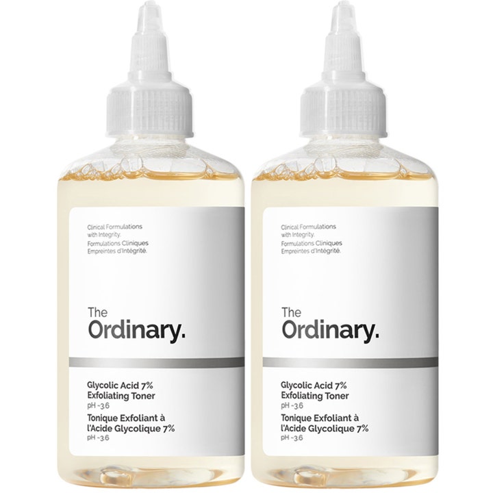 The Ordinary Glycolic Acid 7% Exfoliating Toner 240ml eksfolierende toner i to klare plastflasker med hvit etikett og gul væske