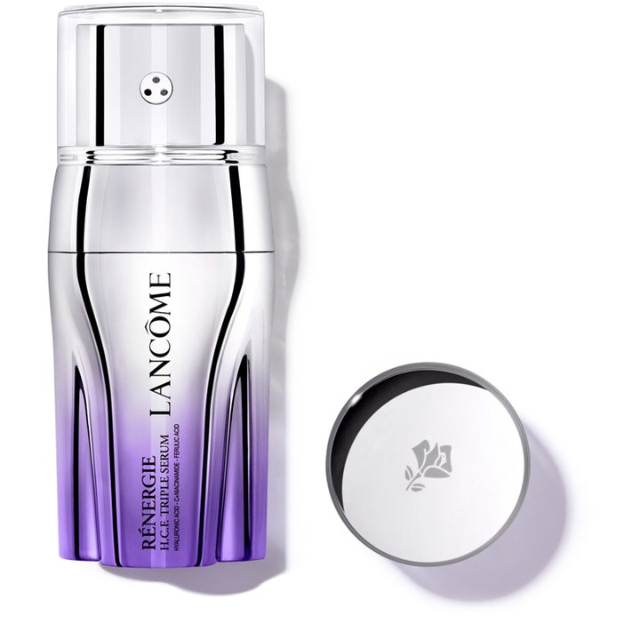 Lancôme Rénergie H.C.F. Triple Serum 50ml anti-age serum i metallisk sølvflaske med lilla bunn og løst sølvlokk