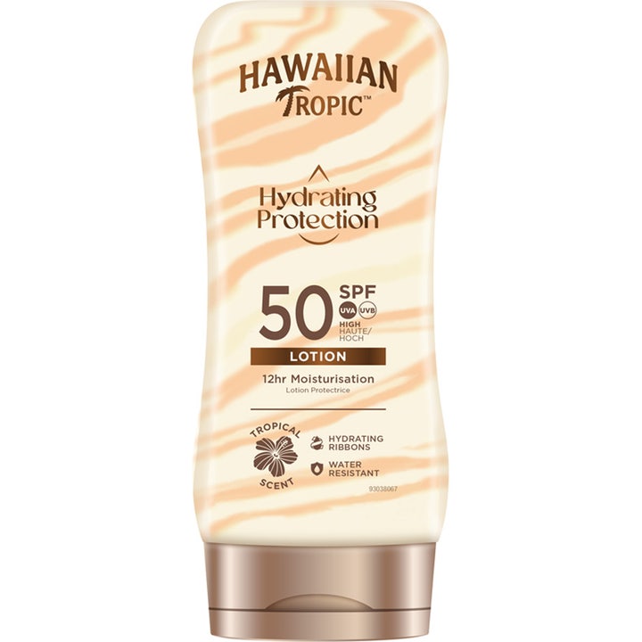 Hawaiian Tropic Hydrating Protection SPF 50 solkrem som gir fuktighet i flaske med marmorert krem og bronsefarget kork.
