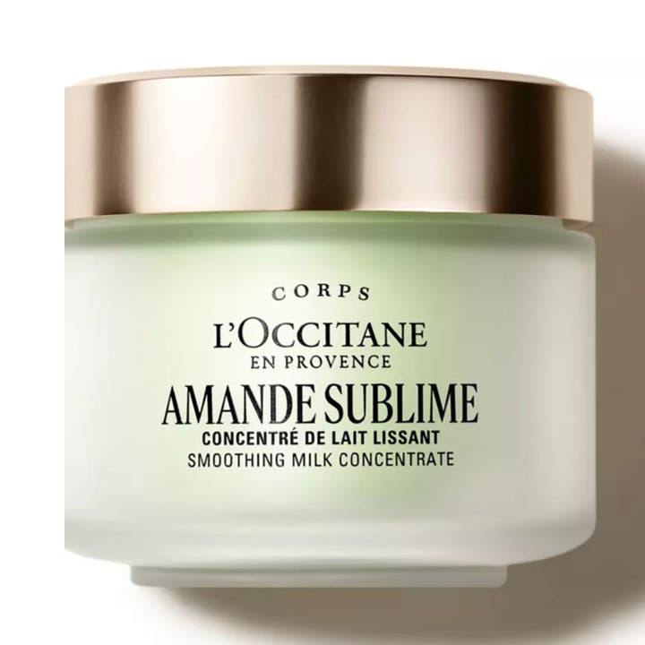L'Occitane Amande Milk Concentrate 200ml fuktighetskrem i glasskrukke med sølvlokk som gir glatt hud.