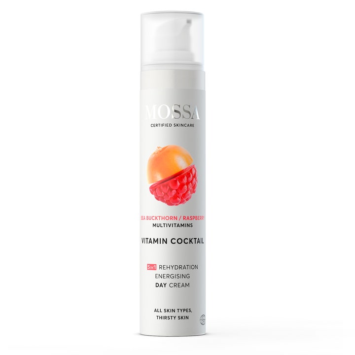 Mossa Vitamin Cocktail 5in1 Energising Day Cream fuktighetsgivende dagkrem i hvit pumpeflaske med tindved og bringebær