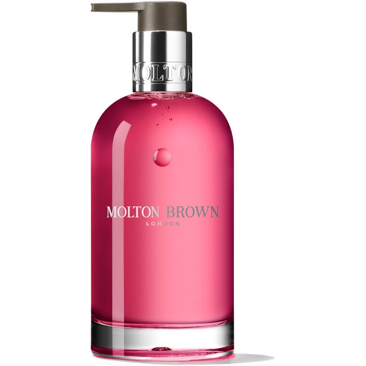 Molton Brown 300ml forfriskende håndsåpe med rosa flytende gel i gjennomsiktig flaske og sølvfarget pumpe