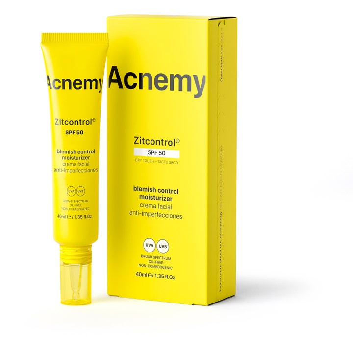 Niche Beauty Lab Acnemy Zitcontrol 40 ml dagkrem med SPF 50 mot urenheter i gul tube og eske