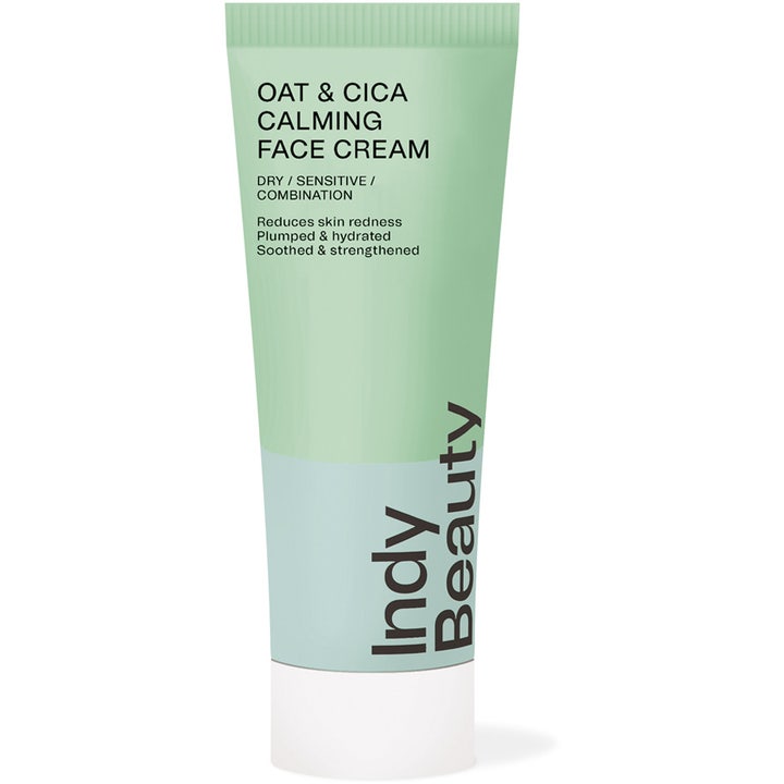 Indy Beauty Oat & Cica Calming Face Cream beroligende ansiktskrem i lysegrønn tube med hvit kork som demper rødhet