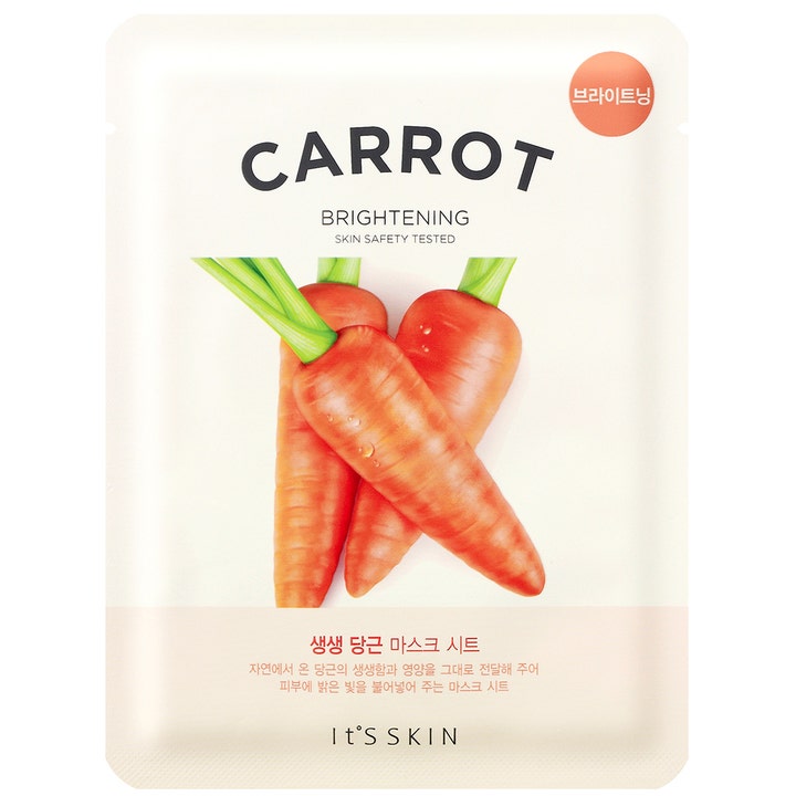 It'S SKIN Carrot Brightening 1 stk arkmaske gir glød i hvit forpakning med illustrasjon av oransje gulrøtter.
