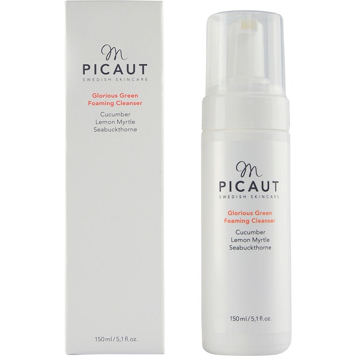 M Picaut Swedish Skincare Glorious Green Foaming Cleanser 150 ml rengjøringsskum i hvit pumpeflaske og eske med agurk