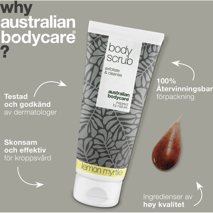Australian Bodycare Body Scrub Lemon Myrtle 200 ml eksfolierende kroppsskrubb i hvit tube med brunlig kornet tekstur
