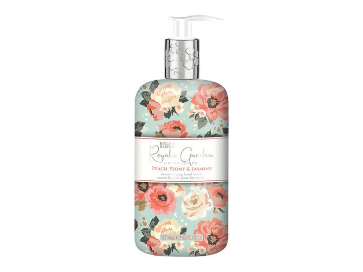 Baylis & Harding Royale Garden Peach Peony & Jasmine 500ml fuktighetsgivende håndsåpe i flaske med blomster og sølvpumpe.