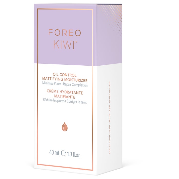 FOREO KIWI Oil Control Mattifying Moisturizer 40 ml mattende ansiktskrem i lilla og hvit eske med rosegull-detaljer