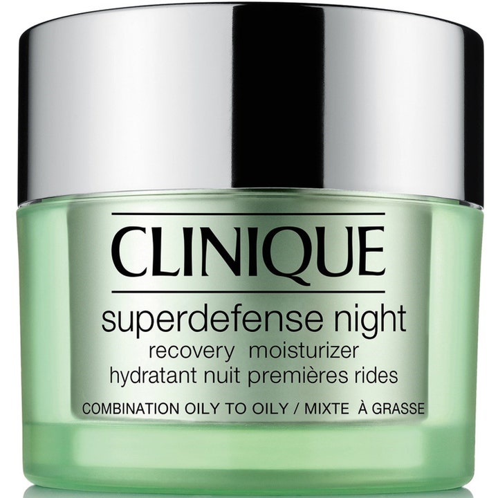 Clinique Superdefense Night 50 ml gjenoppbyggende nattkrem i lysegrønn glasskrukke med sølvlokk.
