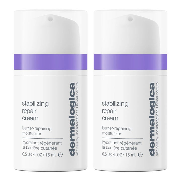 Dermalogica Stabilizing Repair Cream 15 ml barrierereparerende fuktighetskrem to hvite pumpeflasker med lilla detaljer.