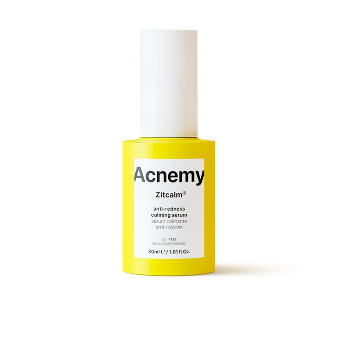 Acnemy Zitcalm 30ml beroligende serum som motvirker rødhet i gul flaske med hvit kork og hvit etikett