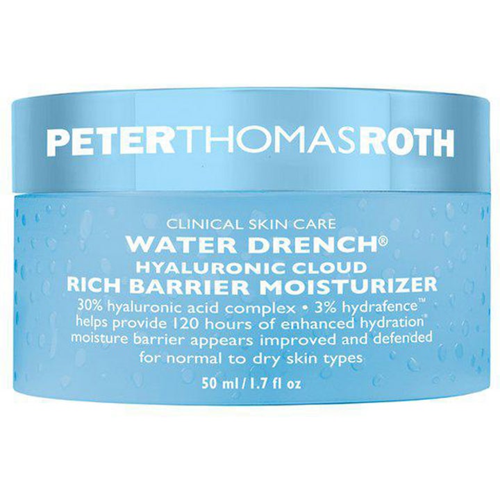 Peter Thomas Roth Water Drench 50 ml fuktighetskrem som gir intens hydrering i lyseblå krukke med vanndråper.