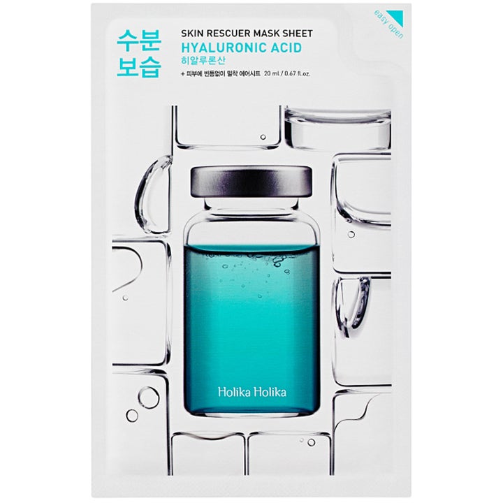 Holika Holika Skin Rescuer Mask Sheet Hyaluronic Acid 20 ml fuktighetsgivende maske med en blå glassampulle på hvit pose