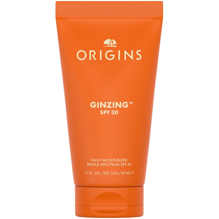 Origins GinZing SPF 30 Daily Moisturizer 50 ml fuktgivende dagkrem i en fargerik oransje tube med hvit tekst.