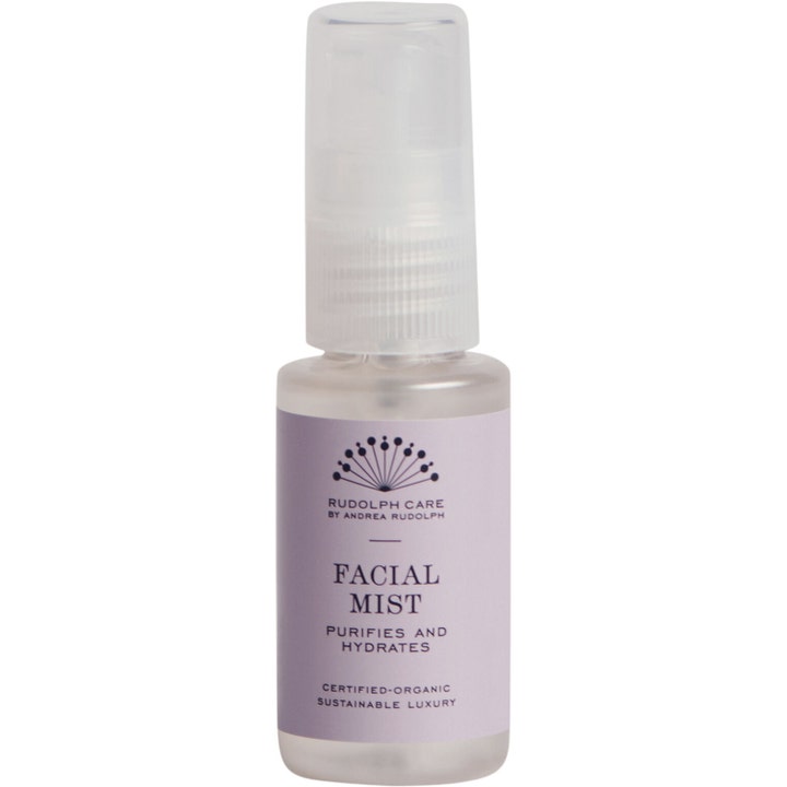 Rudolph Care Facial Mist 30ml fuktgivende ansiktsspray i gjennomsiktig flaske med lilla etikett og klar kork