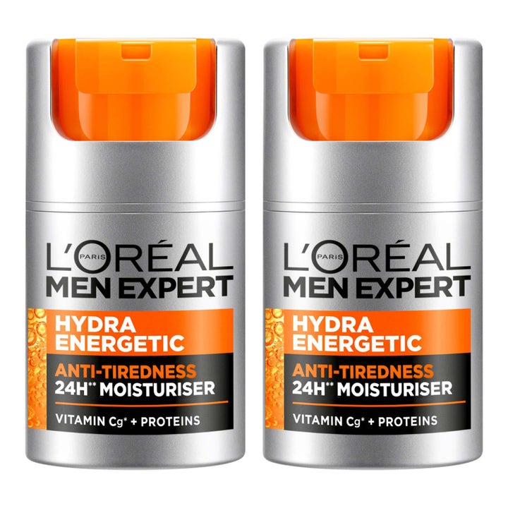 L'Oréal Men Expert Hydra Energetic 24H Moisturiser ansiktskrem mot trøtthet i to sølvfargede flasker med oransje detaljer