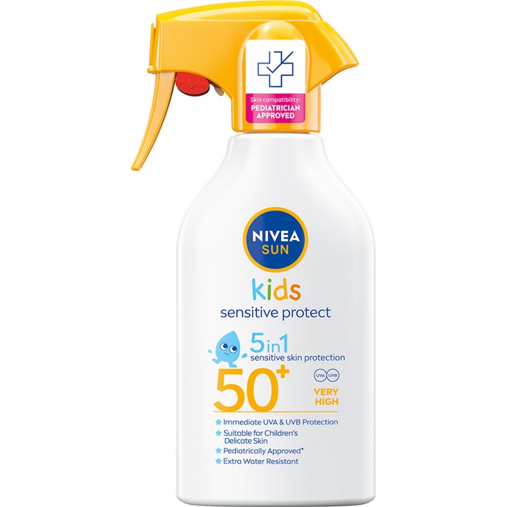 Nivea Sun Kids Sensitive Protect SPF 50+ solspray for barn i hvit flaske med gul sprayutløser.