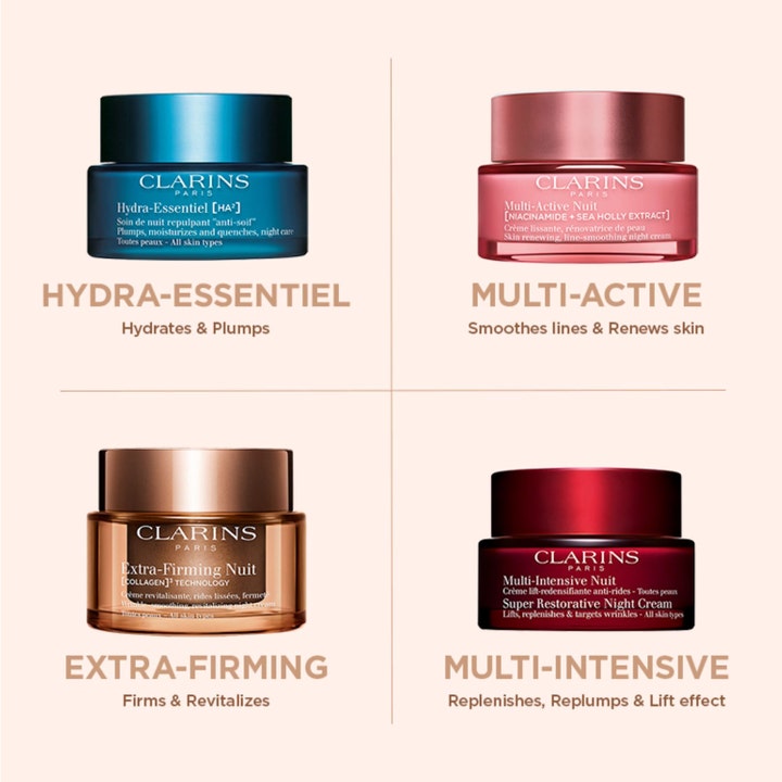 Clarins Extra-Firming Nuit 50 ml revitaliserende nattkrem mot rynker i bronsefarget krukke i en produktoversikt.