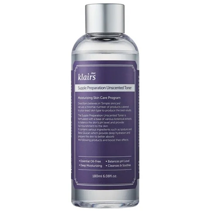 Dear Klairs Supple Preparation Unscented Toner 180ml fuktighetsgivende ansiktsvann i klar flaske med lilla etikett og sølvkork
