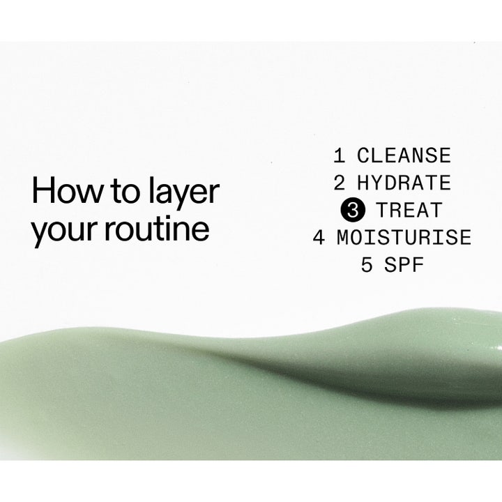 The INKEY List Succinic Acid Treatment 15 ml serum med grønn tekstur og guide som viser trinn 3 i en hudpleierutine