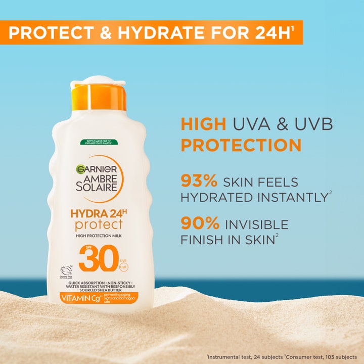 Garnier Ambre Solaire Hydra 24H Protect SPF30 175 ml fuktighetsgivende solkrem i hvit flaske på sandstrand