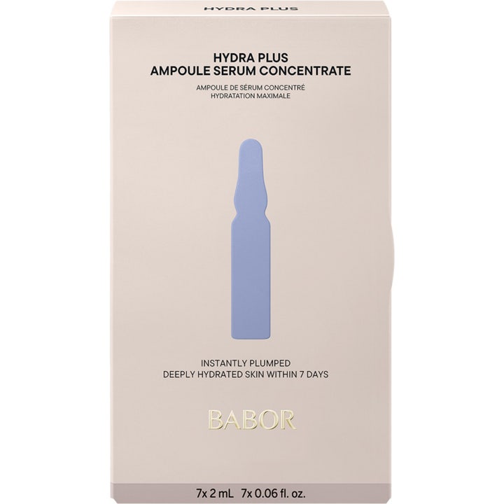 Babor Ampoule Hydra Plus 14 ml fuktgivende serum i beige eske med blå ampullesiluett som gir fuktighet