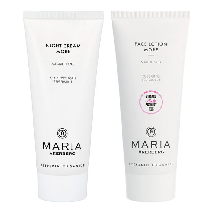 Maria Åkerberg Night Cream og Face Lotion More ansiktspleie i to hvite tuber som gir fuktighet til moden hud.