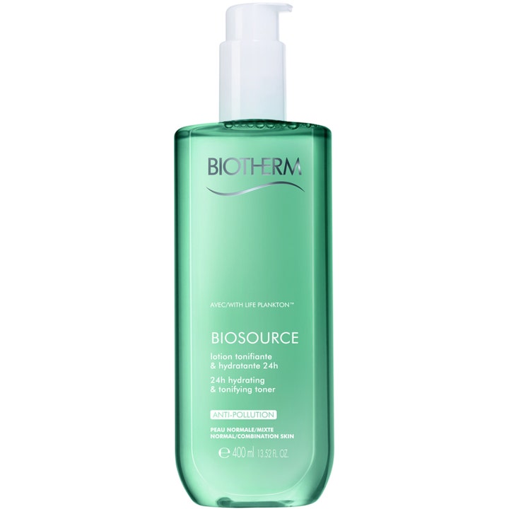 Biotherm Biosource 400 ml ansiktsvann som gir fuktighet i grønn flaske med hvit pumpe for normal kombinert hud