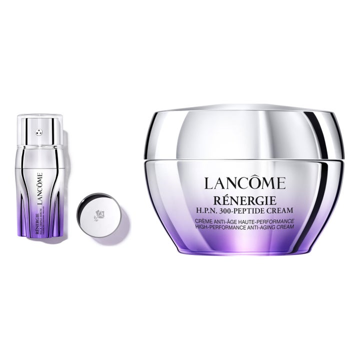 Lancôme Rénergie anti-age ansiktskrem og serum i lilla sølvbeholdere som gir fastere hud og glød.