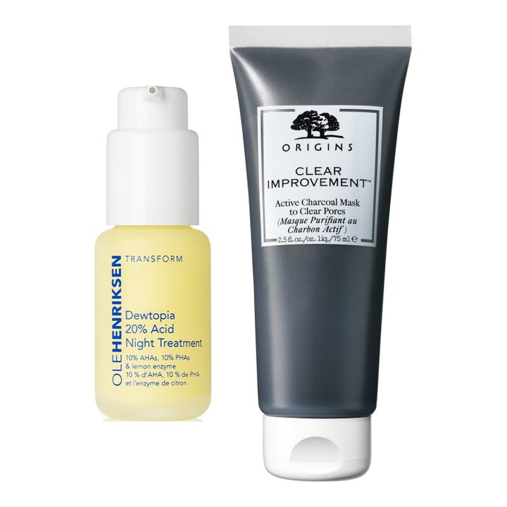Ole Henriksen Dewtopia og Origins Clear Improvement 75 ml eksfolierende ansiktsmaske som gir glød i gul flaske og grå tube.