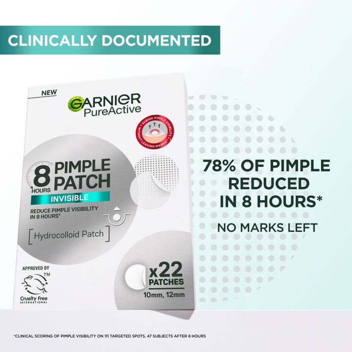 Garnier PureActive Invisible Pimple Patch 22 stk kviselapper som reduserer kviser på 8 timer i hvit eske