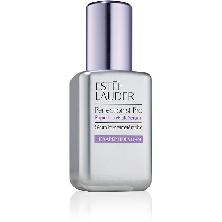 Estée Lauder Perfectionist Pro Rapid Firm + Lift Serum oppstrammende ansiktsserum i en sølvfarget flaske med lilla kork