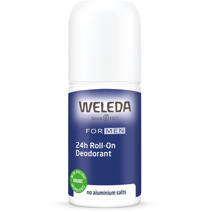 Weleda Men 24h Roll-On Deodorant gir naturlig friskhet i hvit plastflaske med mørkeblå etikett