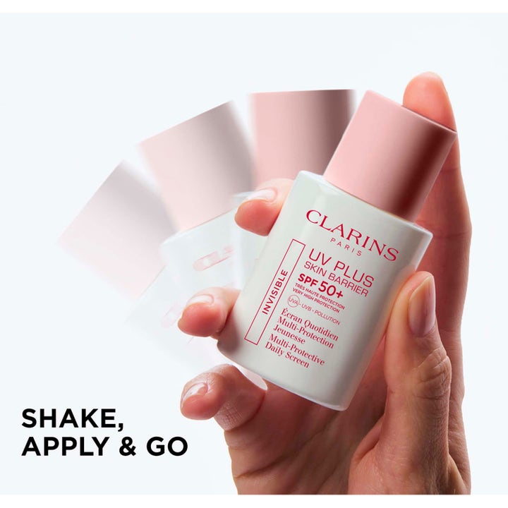 Clarins UV Plus Anti-Pollution 30 ml beskyttende solkrem for ansiktet i hvit flaske som ristes før bruk.