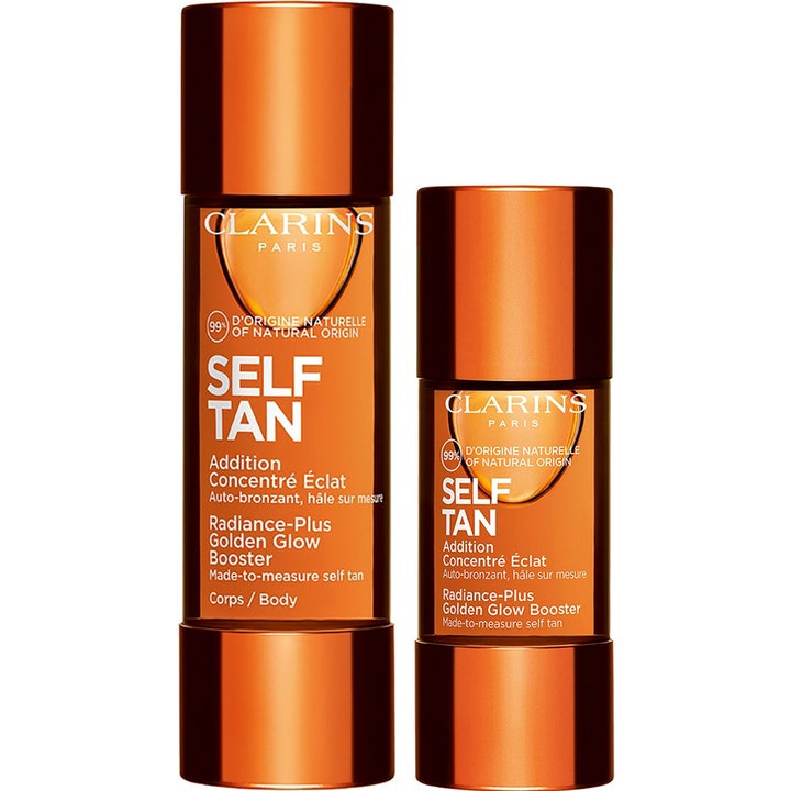 Clarins Radiance-Plus Golden Glow Booster selvbruning i oransje flasker som gir ansikt og kropp glød.