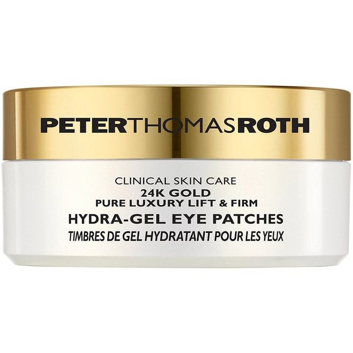 Peter Thomas Roth 24K Gold Hydra-Gel Eye Patches 60 stk gir løft og fukt i en hvit krukke med gullfarget lokk.
