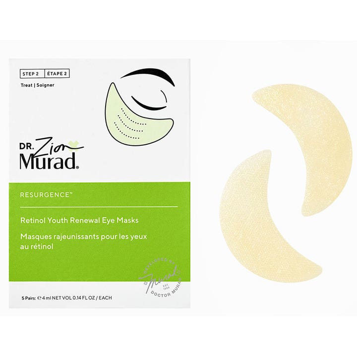 Dr. Murad Retinol Youth Renewal Eye Masks 5 par øyemasker som gir glød ved siden av hvit og grønn eske