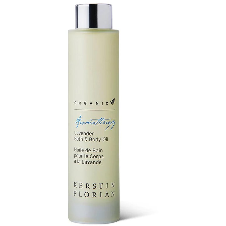 Kerstin Florian Lavender Bath & Body Oil beroligende kroppsolje i en høy frostet flaske med sølvkork